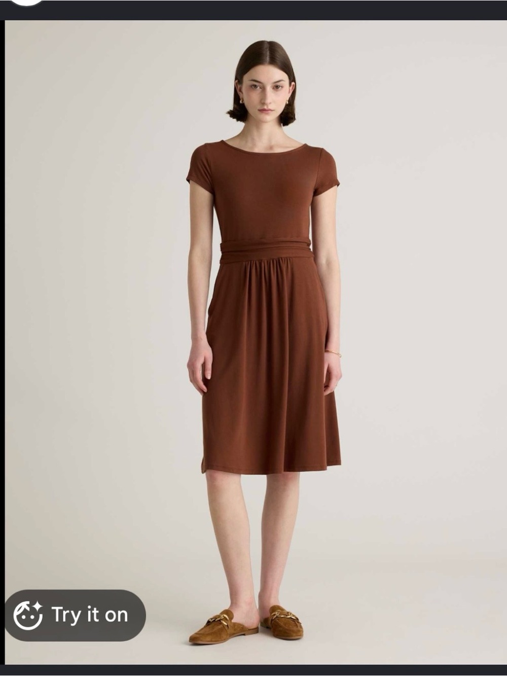 Quince Brown Tencel Jersey Ruched Waist Dress Short Sleeve Minimalist Casual